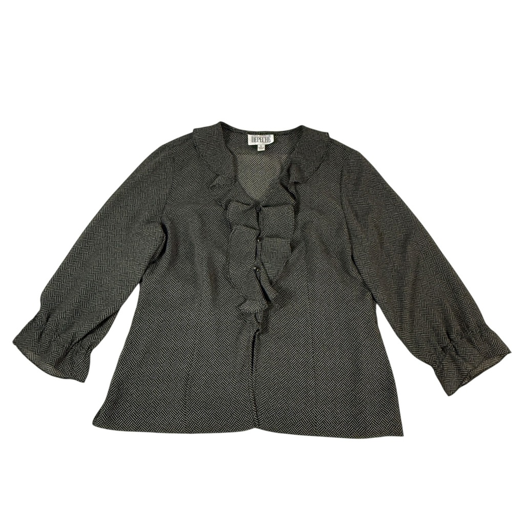 VTG Yves Cossette Depeche‎ Mode Womens Size 16 Black Geometric Ruffle Blouse Top